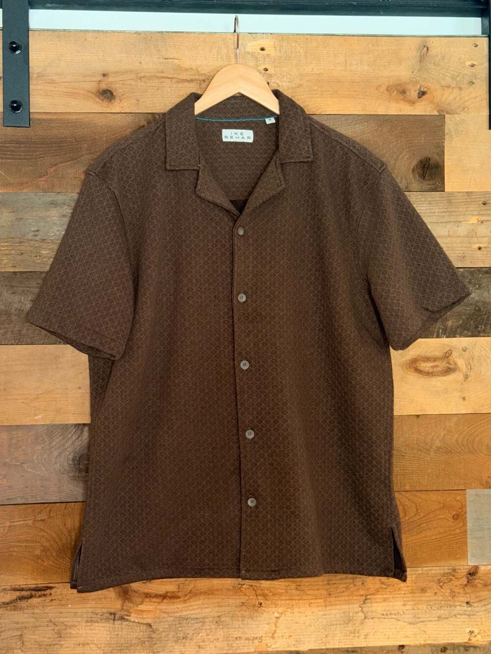 Ike Behar Men's Brown Textured Jacquard Camp Collar M